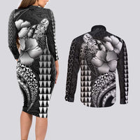 Hawaiian Sea Turtle Couples Matching Long Sleeve Bodycon Dress and Long Sleeve Button Shirt Black Hibiscus Flowers and Kakau Pattern