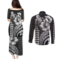 Hawaiian Sea Turtle Couples Matching Puletasi and Long Sleeve Button Shirt Black Hibiscus Flowers and Kakau Pattern