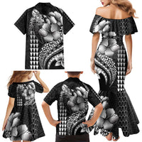 Hawaiian Sea Turtle Family Matching Mermaid Dress and Hawaiian Shirt Black Hibiscus Flowers and Kakau Pattern LT9 - Polynesian Pride
