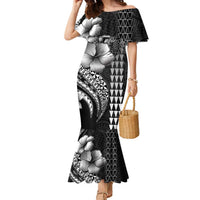 Hawaiian Sea Turtle Family Matching Mermaid Dress and Hawaiian Shirt Black Hibiscus Flowers and Kakau Pattern LT9 Mom's Dress Black - Polynesian Pride