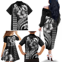 Hawaiian Sea Turtle Family Matching Off The Shoulder Long Sleeve Dress and Hawaiian Shirt Black Hibiscus Flowers and Kakau Pattern LT9 - Polynesian Pride