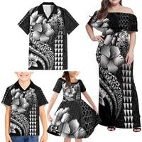 Hawaiian Sea Turtle Family Matching Off Shoulder Maxi Dress and Hawaiian Shirt Black Hibiscus Flowers and Kakau Pattern LT9 - Polynesian Pride