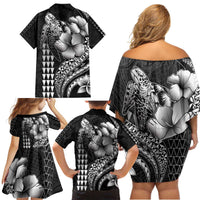 Hawaiian Sea Turtle Family Matching Off Shoulder Short Dress and Hawaiian Shirt Black Hibiscus Flowers and Kakau Pattern LT9 - Polynesian Pride