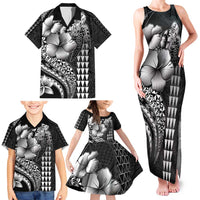 Hawaiian Sea Turtle Family Matching Tank Maxi Dress and Hawaiian Shirt Black Hibiscus Flowers and Kakau Pattern LT9 - Polynesian Pride