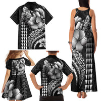 Hawaiian Sea Turtle Family Matching Tank Maxi Dress and Hawaiian Shirt Black Hibiscus Flowers and Kakau Pattern LT9 - Polynesian Pride
