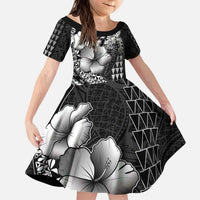 Hawaiian Sea Turtle Kid Short Sleeve Dress Black Hibiscus Flowers and Kakau Pattern