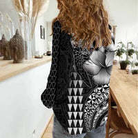 Hawaiian Sea Turtle Women Casual Shirt Black Hibiscus Flowers and Kakau Pattern