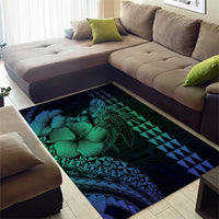 Hawaiian Sea Turtle Area Rug Blue Hibiscus Flowers and Kakau Pattern