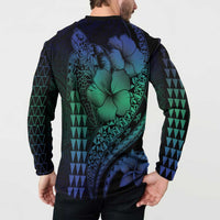 Hawaiian Sea Turtle Button Sweatshirt Blue Hibiscus Flowers and Kakau Pattern
