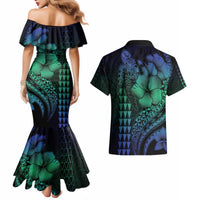 Hawaiian Sea Turtle Couples Matching Mermaid Dress and Hawaiian Shirt Blue Hibiscus Flowers and Kakau Pattern