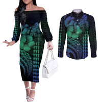 Hawaiian Sea Turtle Couples Matching Off The Shoulder Long Sleeve Dress and Long Sleeve Button Shirt Blue Hibiscus Flowers and Kakau Pattern