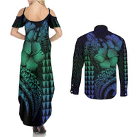 Hawaiian Sea Turtle Couples Matching Summer Maxi Dress and Long Sleeve Button Shirt Blue Hibiscus Flowers and Kakau Pattern