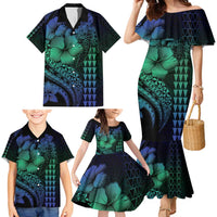 Hawaiian Sea Turtle Family Matching Mermaid Dress and Hawaiian Shirt Blue Hibiscus Flowers and Kakau Pattern LT9 - Polynesian Pride