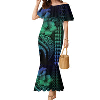 Hawaiian Sea Turtle Family Matching Mermaid Dress and Hawaiian Shirt Blue Hibiscus Flowers and Kakau Pattern LT9 Mom's Dress Blue - Polynesian Pride