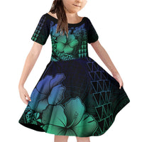 Hawaiian Sea Turtle Family Matching Off Shoulder Short Dress and Hawaiian Shirt Blue Hibiscus Flowers and Kakau Pattern LT9 Daughter's Dress Blue - Polynesian Pride