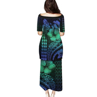 Hawaiian Sea Turtle Family Matching Puletasi and Hawaiian Shirt Blue Hibiscus Flowers and Kakau Pattern