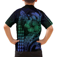 Hawaiian Sea Turtle Family Matching Short Sleeve Bodycon Dress and Hawaiian Shirt Blue Hibiscus Flowers and Kakau Pattern LT9 - Polynesian Pride