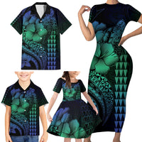 Hawaiian Sea Turtle Family Matching Short Sleeve Bodycon Dress and Hawaiian Shirt Blue Hibiscus Flowers and Kakau Pattern LT9 - Polynesian Pride