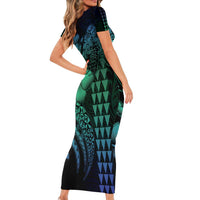 Hawaiian Sea Turtle Family Matching Short Sleeve Bodycon Dress and Hawaiian Shirt Blue Hibiscus Flowers and Kakau Pattern LT9 - Polynesian Pride