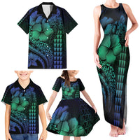 Hawaiian Sea Turtle Family Matching Tank Maxi Dress and Hawaiian Shirt Blue Hibiscus Flowers and Kakau Pattern LT9 - Polynesian Pride