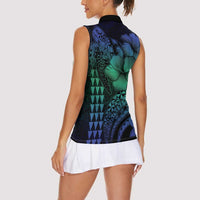 Hawaiian Sea Turtle Women Sleeveless Polo Shirt Blue Hibiscus Flowers and Kakau Pattern