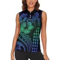 Hawaiian Sea Turtle Women Sleeveless Polo Shirt Blue Hibiscus Flowers and Kakau Pattern