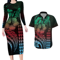 Hawaiian Sea Turtle Couples Matching Long Sleeve Bodycon Dress and Hawaiian Shirt Green Hibiscus Flowers and Kakau Pattern LT9 Green - Polynesian Pride