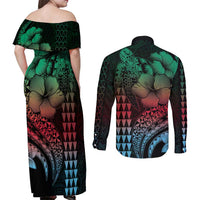 Hawaiian Sea Turtle Couples Matching Off Shoulder Maxi Dress and Long Sleeve Button Shirt Green Hibiscus Flowers and Kakau Pattern