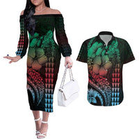 Hawaiian Sea Turtle Couples Matching Off The Shoulder Long Sleeve Dress and Hawaiian Shirt Green Hibiscus Flowers and Kakau Pattern LT9 Green - Polynesian Pride