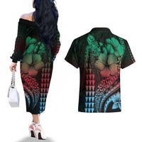 Hawaiian Sea Turtle Couples Matching Off The Shoulder Long Sleeve Dress and Hawaiian Shirt Green Hibiscus Flowers and Kakau Pattern LT9 - Polynesian Pride