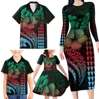 Hawaiian Sea Turtle Family Matching Long Sleeve Bodycon Dress and Hawaiian Shirt Green Hibiscus Flowers and Kakau Pattern LT9 - Polynesian Pride