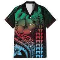 Hawaiian Sea Turtle Family Matching Off The Shoulder Long Sleeve Dress and Hawaiian Shirt Green Hibiscus Flowers and Kakau Pattern LT9 Dad's Shirt - Short Sleeve Green - Polynesian Pride