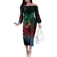 Hawaiian Sea Turtle Family Matching Off The Shoulder Long Sleeve Dress and Hawaiian Shirt Green Hibiscus Flowers and Kakau Pattern LT9 Mom's Dress Green - Polynesian Pride