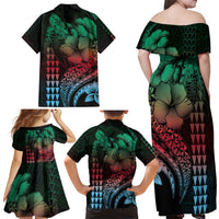 Hawaiian Sea Turtle Family Matching Off Shoulder Maxi Dress and Hawaiian Shirt Green Hibiscus Flowers and Kakau Pattern LT9 - Polynesian Pride