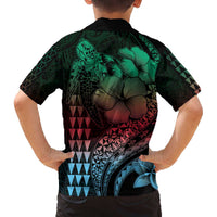 Hawaiian Sea Turtle Family Matching Off Shoulder Short Dress and Hawaiian Shirt Green Hibiscus Flowers and Kakau Pattern LT9 - Polynesian Pride