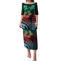 Hawaiian Sea Turtle Family Matching Puletasi and Hawaiian Shirt Green Hibiscus Flowers and Kakau Pattern LT9 Mom's Dress Green - Polynesian Pride