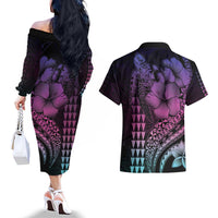 Hawaiian Sea Turtle Couples Matching Off The Shoulder Long Sleeve Dress and Hawaiian Shirt Pink Hibiscus Flowers and Kakau Pattern LT9 - Polynesian Pride