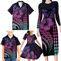 Hawaiian Sea Turtle Family Matching Long Sleeve Bodycon Dress and Hawaiian Shirt Pink Hibiscus Flowers and Kakau Pattern LT9 - Polynesian Pride