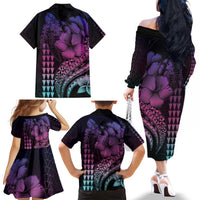 Hawaiian Sea Turtle Family Matching Off The Shoulder Long Sleeve Dress and Hawaiian Shirt Pink Hibiscus Flowers and Kakau Pattern LT9 - Polynesian Pride