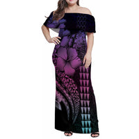 Hawaiian Sea Turtle Family Matching Off Shoulder Maxi Dress and Hawaiian Shirt Pink Hibiscus Flowers and Kakau Pattern LT9 Mom's Dress Pink - Polynesian Pride