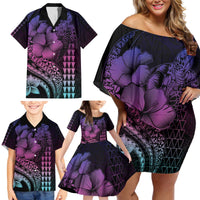 Hawaiian Sea Turtle Family Matching Off Shoulder Short Dress and Hawaiian Shirt Pink Hibiscus Flowers and Kakau Pattern LT9 - Polynesian Pride