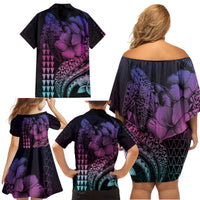 Hawaiian Sea Turtle Family Matching Off Shoulder Short Dress and Hawaiian Shirt Pink Hibiscus Flowers and Kakau Pattern LT9 - Polynesian Pride