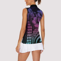 Hawaiian Sea Turtle Women Sleeveless Polo Shirt Pink Hibiscus Flowers and Kakau Pattern