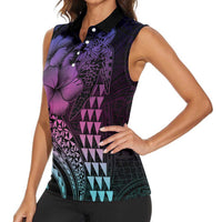 Hawaiian Sea Turtle Women Sleeveless Polo Shirt Pink Hibiscus Flowers and Kakau Pattern