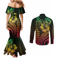 Hawaiian Sea Turtle Couples Matching Mermaid Dress and Long Sleeve Button Shirt Reggae Hibiscus Flowers and Kakau Pattern