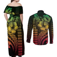 Hawaiian Sea Turtle Couples Matching Off Shoulder Maxi Dress and Long Sleeve Button Shirt Reggae Hibiscus Flowers and Kakau Pattern