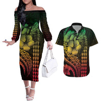Hawaiian Sea Turtle Couples Matching Off The Shoulder Long Sleeve Dress and Hawaiian Shirt Reggae Hibiscus Flowers and Kakau Pattern LT9 Reggae - Polynesian Pride