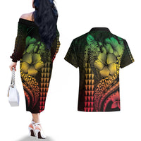 Hawaiian Sea Turtle Couples Matching Off The Shoulder Long Sleeve Dress and Hawaiian Shirt Reggae Hibiscus Flowers and Kakau Pattern LT9 - Polynesian Pride