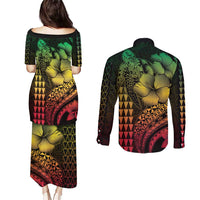 Hawaiian Sea Turtle Couples Matching Puletasi and Long Sleeve Button Shirt Reggae Hibiscus Flowers and Kakau Pattern