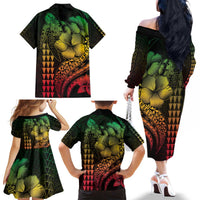 Hawaiian Sea Turtle Family Matching Off The Shoulder Long Sleeve Dress and Hawaiian Shirt Reggae Hibiscus Flowers and Kakau Pattern LT9 - Polynesian Pride